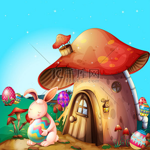 圆形剪贴画背景图片_复活节彩蛋隐藏附近的蘑菇设计的房子