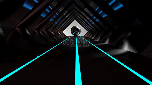 金属铬滤镜背景图片_一个金属镀铬球体在一个带有蓝色光谱线的未来走廊的尽头- - 3D渲染图解