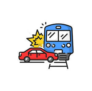 汽车撞火车孤立交通事故彩色线图标碰撞和损坏的运输工具公路或铁路上的事故撞车事故汽车撞上火车隔离交通事故线路图标