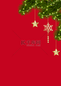 圣诞金色海报背景图片_圣诞节装饰植物和金色挂件红色背景