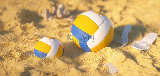 黄色海边背景图片_沙滩排球户外体育黄色C4D合成背景
