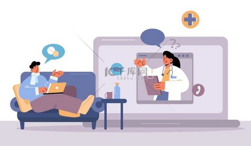 在线医疗，病人通过互联网打电话给医生。