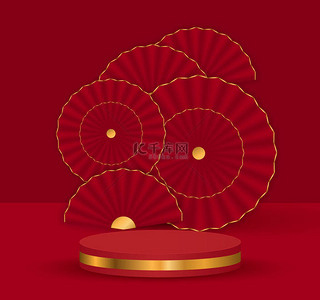 装饰红色背景图片_3D背景图，带有舞台讲台和红色扇子的金色装饰红色背景，说明EPS10.