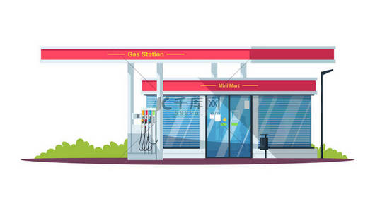 气站与迷你超市半平面RGB彩色矢量插图.柴油，汽油，汽油。自我服务。便利店。白色背景的孤立卡通人物