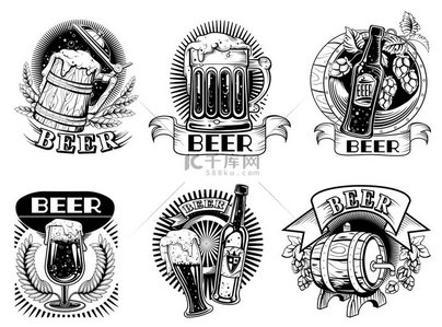 啤酒图标或徽章套装矢量插图啤酒标签上有白色背景上隔离的装有起泡酒精饮料的瓶子和马克杯木桶麦穗和啤酒花锥带有起泡酒精饮料的啤酒图标或徽章