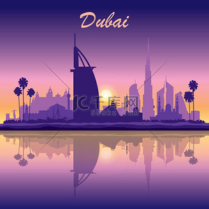 迪拜的天际线轮廓上日落背景