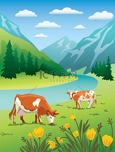 color背景图片_Cows graze in alpine meadows Color illustration