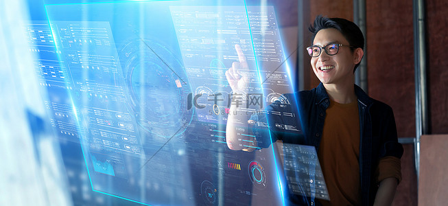 战略背景图片_年轻的亚洲企业家男性规划与虚拟屏幕设备业务战略理念