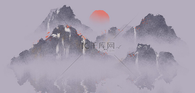落日水墨背景图片_新中式中国风山水瀑布水墨背景