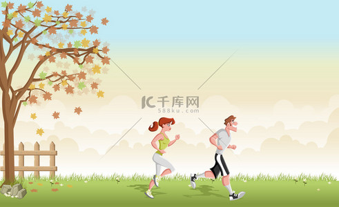 室外锻炼背景图片_绿草景观与卡通夫妻慢跑.