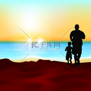 一位父亲和他的儿子在 eveni 中运行在海上的一侧的侧面影像