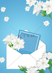 光效茉莉花背景蓝色信件白色花朵背景