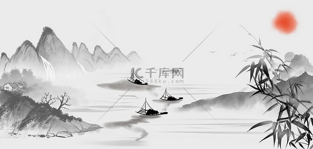 中国风水墨山水灰白大气水墨背景