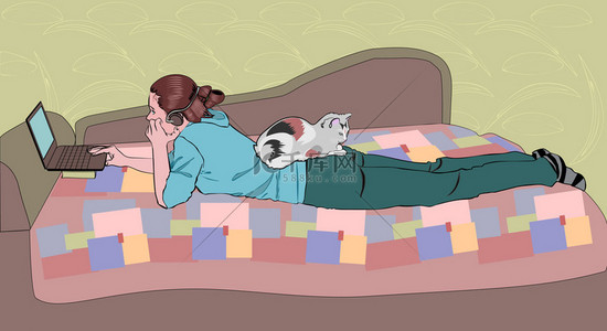 环境舒适的背景图片_一台笔记本电脑和一只猫在家里在沙发上的女孩