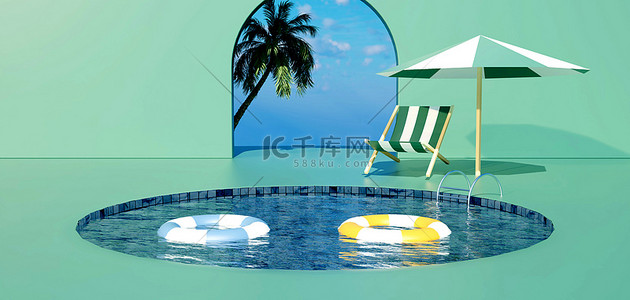 夏日泳池泳圈太阳伞绿色c4d
