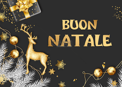 意大利圣诞节快乐金色圆球麋鹿黑色背景