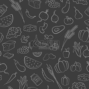 杂货背景图片_无缝模式为主题的素食主义、 杂货图标、 简单的轮廓白色图标上一个黑色的背景