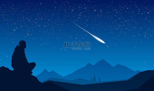 矢量图解：旅行者坐在石头上，望着星空。带流星的夜景.