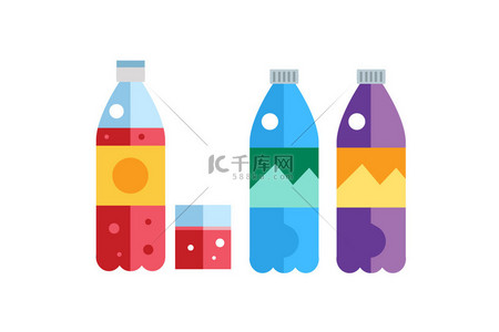 设置小图标背景图片_Water, soda and juice or tea bottles vector Illustration