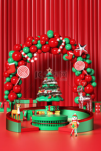 圣诞节礼盒红色背景图片_圣诞节圣诞树礼盒红色 绿色 黄色3d
