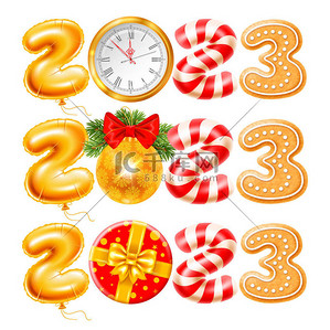 set背景图片_Merry Christmas and Happy New Year 2023. Set of isolated creative digits 2023 made of golden foil balloon, clock, gingerbread, christmas ball, gift and candy cane. Vector illustration圣诞 新年