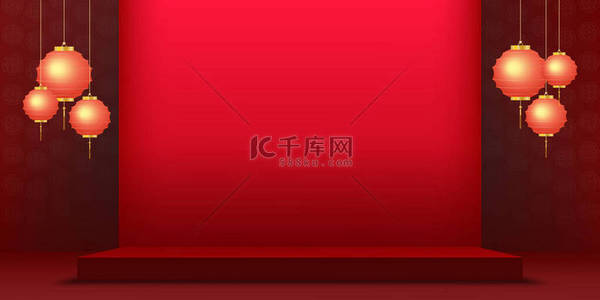 红色2023背景背景图片_中国农历2023年新年背景3D工作室，红色月华背景上挂着金色灯笼，亚洲艺术风格的中秋节矢量豪华设计背景介绍