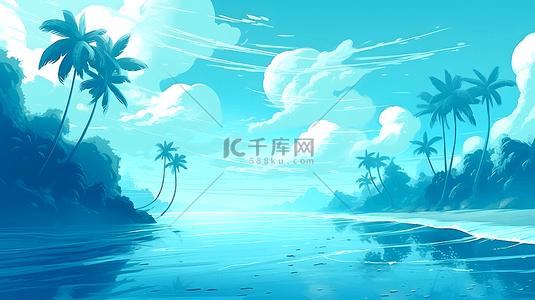 蓝色大海海浪白云背景插画