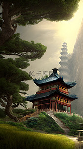 中国风建筑房子松树风景场景