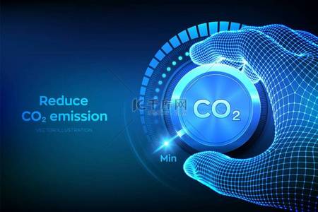 二氧化碳排放背景图片_二氧化碳排放控制概念。降低二氧化碳水平。线框手将二氧化碳旋钮转动到最低位置.CO2减少或清除的概念。矢量说明