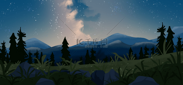 星空森林背景背景图片_卡通森林山川背景