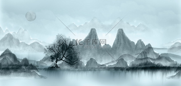 水墨山水画中国风背景图片_水墨画山水蓝色中国风背景