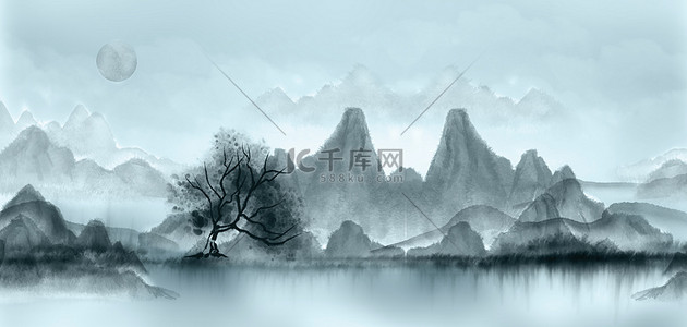 水墨山水蓝色背景图片_水墨画山水蓝色中国风背景