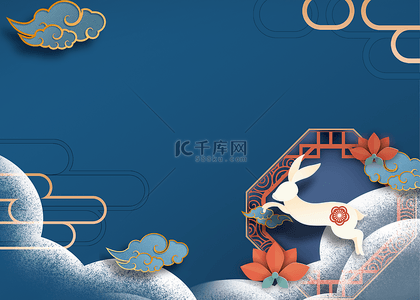 国潮复古海报背景图片_墨蓝色中国风可爱兔子背景