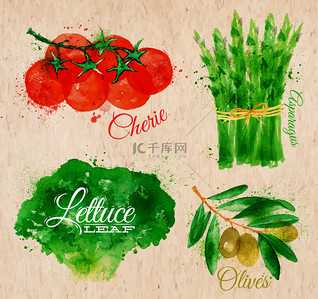 西红柿厨房背景图片_蔬菜水彩生菜、 樱桃西红柿、 芦笋、 牛皮纸上的橄榄