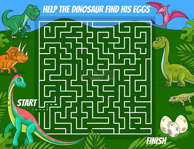 16格拼图背景图片_迷宫迷宫，孩子们与卡通恐龙谜语。找到正确的逻辑游戏，孩子们用可爱的角龙和飞龙、史前爬行动物蛋教育拼图书页模板