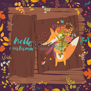 可爱的秋天卡长满鲜花和一只狐狸