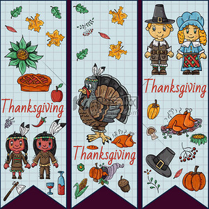 儿童感恩节绘画风格中的矢量插图, 设计和装饰的涂鸦孩子和节日符号国家活动