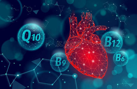 健康人类心脏3D维生素低多聚。 药保药学横幅背景. 营养补充剂Q10 B12病媒说明