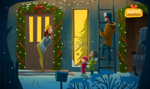 幸福家庭树背景图片_圣诞之夜的家庭田园诗