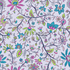 贵州省民族背景图片_矢量无缝的民族博霍图案与鲜花和树叶。梦幻般的棉布花卉设计.