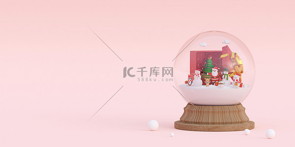 圣诞快乐新年快乐，圣诞横幅与圣诞老人和朋友在雪球，3D渲染