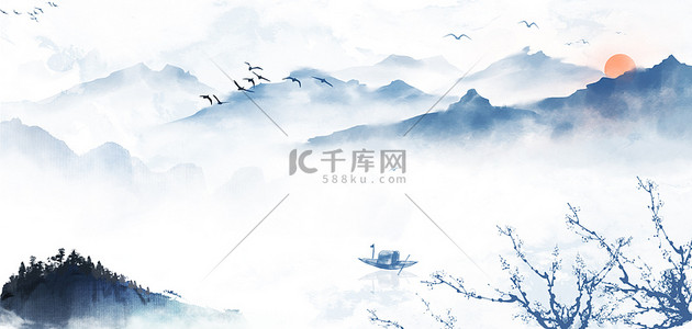 手绘山水中国背景图片_中国风山水群山水墨蓝国画手绘banner