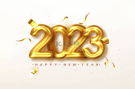 2023矢量背景图片_新年快乐。金设计金属编号贺卡2023号.新年快乐横幅，2023个数字在明亮的背景。矢量说明