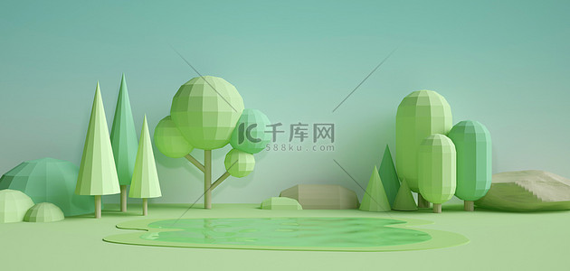 c4d产品展台背景图片_C4D树木绿色低面banner