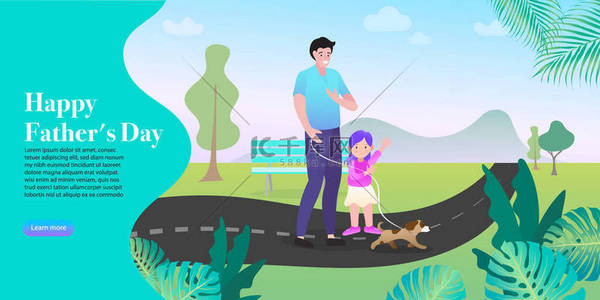 矢量画轴背景图片_父亲节。快乐的年轻家庭,父亲和女儿和他们的狗在公园里散步.矢量说明. 
