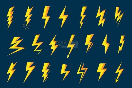 闪电符号雷声闪电和霹雳形状电量和充电图标矢量集用于危险警告电池标志的黄色能量螺栓元件闪电符号雷击速度闪光和雷电形状