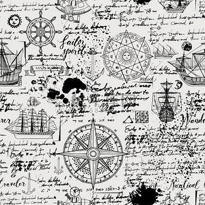 矢量抽象无缝背景的主题旅行, 探险和发现。旧手稿与 caravels, 风玫瑰, 锚和其他航海符号的印迹和污点的老式风格