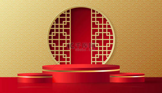 农历初八背景图片_五彩缤纷的圆形舞台- -中国农历新年或中秋节的中式风格- -红木瓜剪彩背景艺术与工艺- -带有亚洲元素.