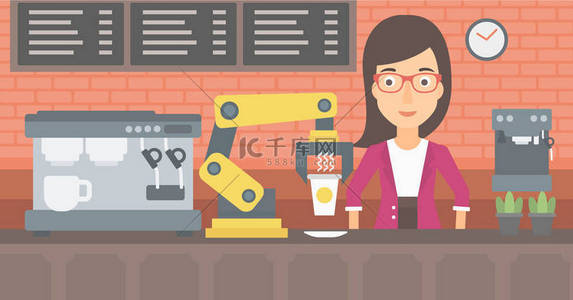 致客户的信背景图片_为客户端在咖啡店煮咖啡的机器人.