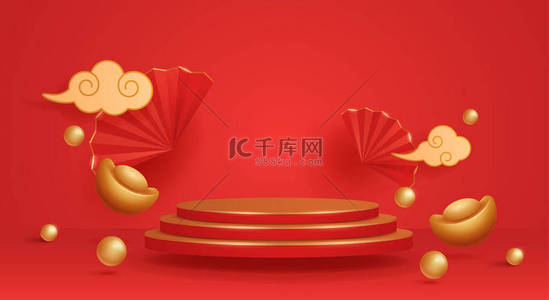 c4d风格背景背景图片_以东方节日元素的纸质图形风格为背景的中国农历新年红色和金色主题平台场景3D图片说明，作为产品展示的背景。设计的宽复制空间.
